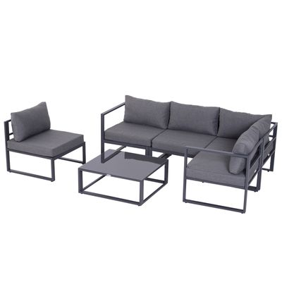 Outsunny 6-tlg. Gartengarnitur Gartenset Gartensofaset Sitzgruppe Gartenmöbel Alu+ Polyester + Hartglas Grau 4 x Sessel 1 x Ecksofa 1 x Beistelltisch