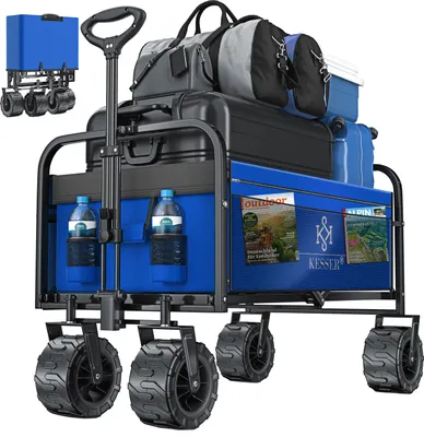 A blue foldable wagon loaded with luggage and other items, with two water bottles in holders on the side.