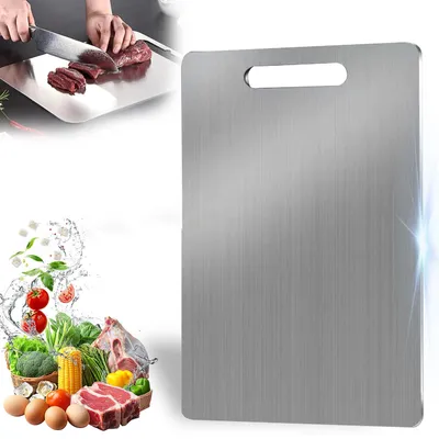 Image de Planche à découper en titane, 34 x 23 cm, planche à découper en acier inoxydable, planche de cuisine, tapis de découpe, facile à nettoyer, pour découper la viande, le pain, les légumes et les fruits (1 pièce)