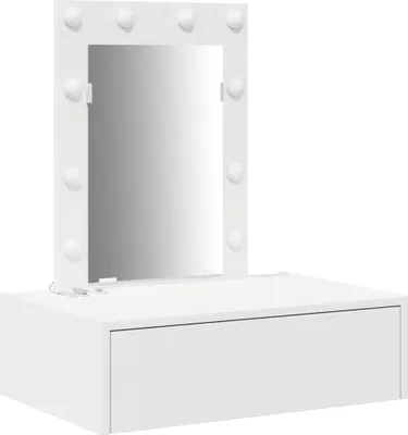 A white vanity table with a lighted mirror and a drawer.