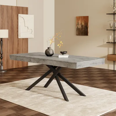 Productafbeelding van Uitschuifbare eettafel, 140–180 x 80 cm, geschikt voor 6–8 personen, tafelblad van 93 mm dik MDF, metalen poten in kruisvorm, draagvermogen tot 60 kg, kleur: grijs