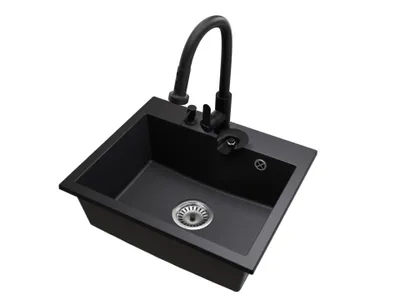 Produktbild von Granit-Küchenspüle EXCLUSIVE 55 mit Chrom-Siphon, Küchenarmatur und Seifenspender