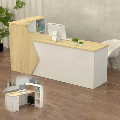 Image de Comptoir de réception, comptoir d'accueil, guichet de en bois, avec espace de rangement, dimensions 160x60x100 cm, couleur bois, blanc