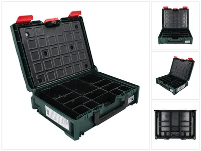 A collage of images showing an open and closed green organizer box with red latches and black compartments.