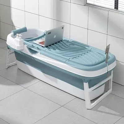 Image de Panier de bain pliable pour adultes - idéal pour les petites salles de bains - panier à savon et coussin pour la nuque - pratique et portable - panier de bain bleu