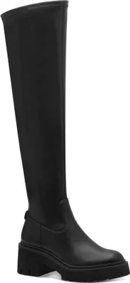 A black over-the-knee boot with a platform sole.