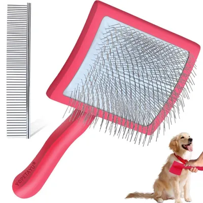 Immagine prodotto di Spazzola lisciante per cani e gatti con manico in legno – setole da 25 mm, rimuove il sottopelo e i nodi, include un pettine – colore rosso