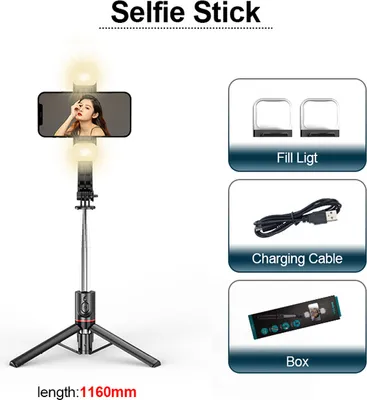 Produktbild von Selfie-Stick mit Bluetooth + LED-Leuchten und Ständer