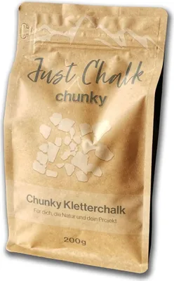 Verpackung von 200g Just Chalk Chunky Magnesiumcarbonat von Sportchalk Simon Schastok; geeignet für Klettern.