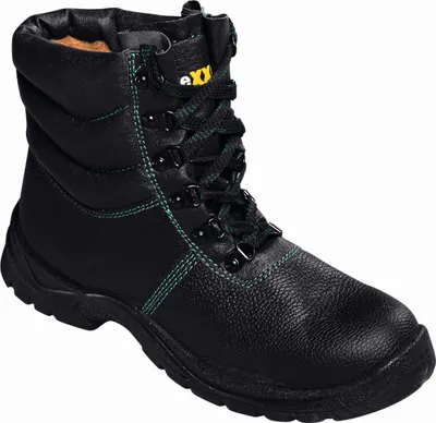 A black winter boot with green stitching and laces, shown against a white background.