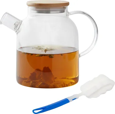 Produktbild von Relaxdays Teekanne Glas, Bambusdeckel, 1,8 Liter, mit Ausgusssieb, Glaskanne für losen Tee & Kaltgetränke, transparent
