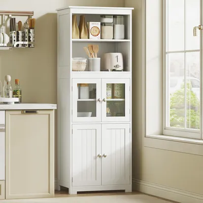 Produktbild von Küchenschrank Hochschrank Modern Weiß Küchenbuffet aus MDF | Vitrinenschrank mit 2 Glastüren, 2 Türen & 2 offenen Fächern | Vorratsschrank 60x30x162 cm