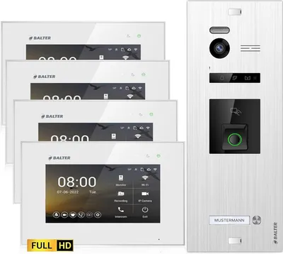 Produktbild von HD Video Türsprechanlage mit Fingerprint und RFID für 1 Familienhaus, 4x Monitore, Balter EVO HD Fingerprint