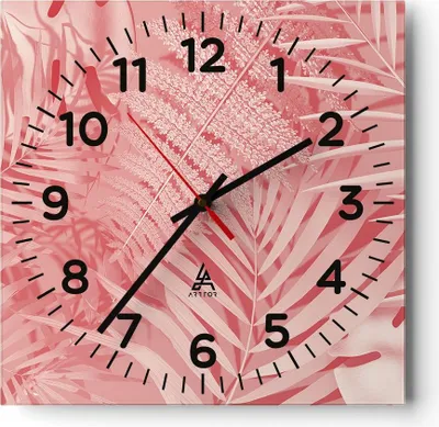Produktbild von Wanduhr - Quadrat - Glasuhr - Rosa Blätter Palmen - 30x30cm - Schleichendes Uhrwerk - Lautlos - zum Aufhängen bereit - Dekoration Modern - Wanddekoration aus Glas - C4AC30x30-4745