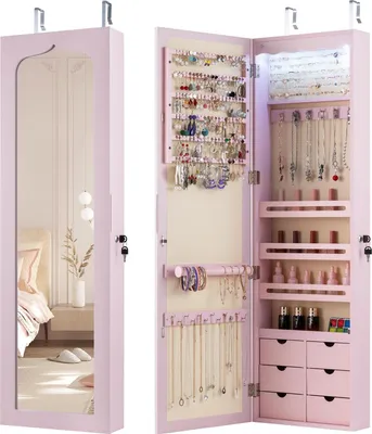 Produktbild von GOPLUS Schmuckschrank haengend, Schmuck Hängeschrank mit Schloss & 2 Schlüsseln & LED-Beleuchtung, Sipegelschrank mit Schubladen (Rosa)