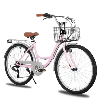 Produktbild von Hiland 26 Zoll Cityräder für Erwachsene, Step-Through Rahmen Damenfahrrad mit Gepäckträger und Korb, Herren und Damen 7 Gang City-Pendlerfahrrad