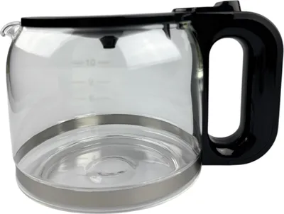 A clear glass coffee pot with a black handle and a silver band around the bottom.