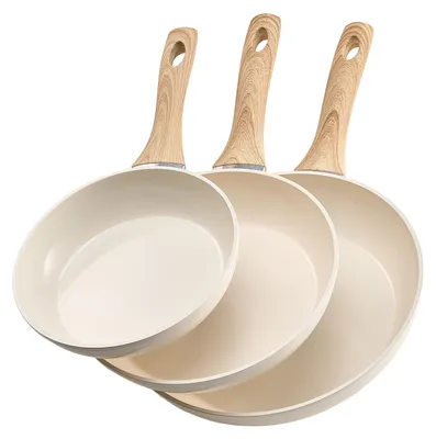 Productafbeelding van VEVOR Koekenpan Set, 3-delig (200 / 240 / 280 mm), hoogwaardige koekenpannen van aluminium (met antiaanbaklaag), geschikt voor gas, elektrisch en inductiekook, beige kleur