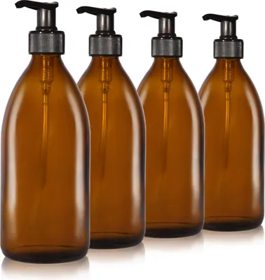 Produktbild von Oputec 4 x 500 ml Seifenspender aus Glas – Shampoo-Flaschen zum Befüllen Duschgel-Spender Pumpspender aus Braunglas – Küche und Badezimmer