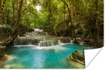 Produktbild von MuchoWow® Poster Grüne Bäume und blaues Wasser an einem thailändischen Wasserfall im Erawan-Nationalpark 180x120 cm - Fotoplakat