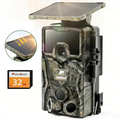Productafbeelding van Zonnepaneelcamera 4K, wildcamera met 48MP, nachtzicht, bewegingssensor, 120° beeldhoek, 2-inch scherm, 0,3 seconden reactietijd, 32GB TF-kaart, waterdicht
