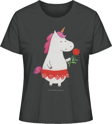 Produktbild von Mr. & Mrs. Panda Kurzarmshirt Damen Einhorn Dame Größe L - Anthrazit - Geschenk, Bachelor, Shirt Mit Print, Baumwoll T-Shirt, Rundhals, Einhörner, für Frauen, Oberteil