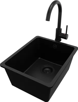 Produktbild von PRIMAGRAN Granitspüle Alles Schwarz 36x44cm, Spülbecken 1 Becken + Küchenarmatur 32x20cm + Ablauf-Set, Küchenspüle ab 40er Unterschrank - Venedig Slim Easy