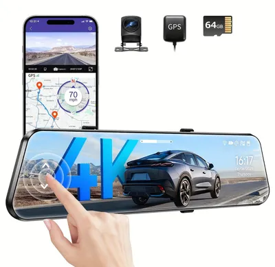 Image de Caméra de tableau de bord – Double canal – Caméra avant en 4K et caméra arrière en 1080P – GPS et Wi-Fi 6 – Avec vision nocturne et carte SD de 64 Go