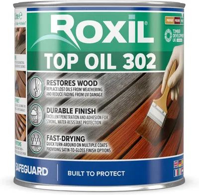 Produktbild von Roxil 302 Holzöl für den Außenbereich (1 L) - Schützt Holz vor Feuchtigkeit - Holzschutzöl ideal für Gartenmöbel, Schuppen, Zäune und Pflanzengefäße