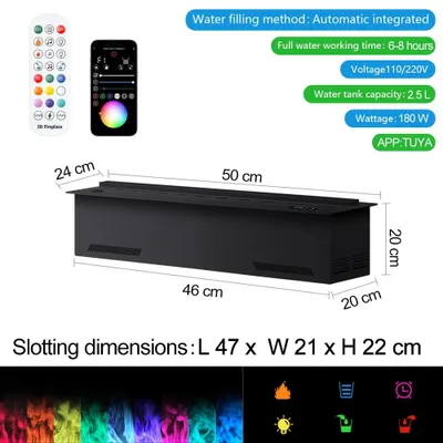 Image de Cheminée électrique 3D à effet d'eau, avec télécommande, contrôle via application, installation encastrée, et effet de flamme réaliste