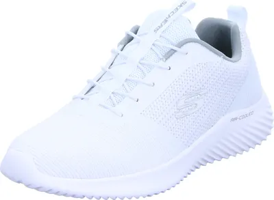 A white Skechers men's athletic shoe is shown from a side angle against a white background.