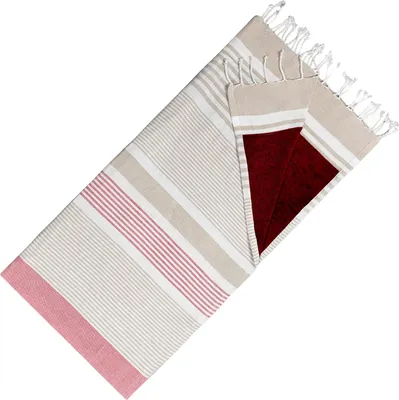 Produktbild von Hamamtuch Doppelseitiges Kikoy-Tuch & Frottee – Trendiges Hamamtuch – 100 % Baumwolle – 95 x 175 cm – Beige-Burgund