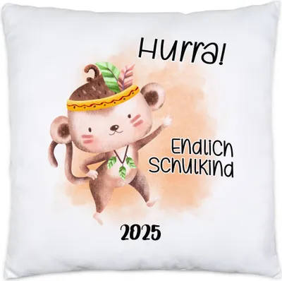 Produktbild von Endlich Schulkind 2025 Affe Kissen Inkl. Füllung 1. Schultag Nichte Neffe Patenkind Schulanfang Schuleinführung