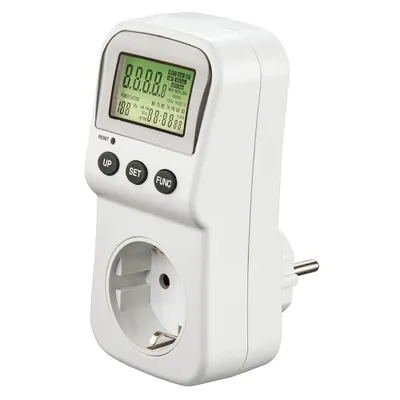 A white digital energy meter plugged into a wall socket, with a green LCD screen displaying readings.