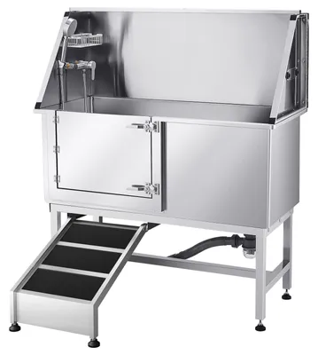 Obrázek produktu pro Umývací stanice pro psy SucceBuy z nerezové oceli, 1270 × 580 × 1495 mm, vana pro péči o zvířata s rampou, deska s vodním filtrem z PE, vodovodní kohoutek, sprchová hlavice a držák na mýdlo, vhodná pro domácí mazlíčky různých velikostí (levé dveře)