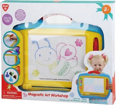 The image shows the packaging of a magnetic art workshop toy, with a drawing of a butterfly on the board and a child holding a smaller version of the toy.