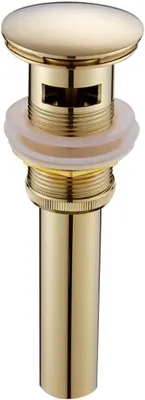 A close-up studio shot of a golden pop-up drain stopper for a sink.