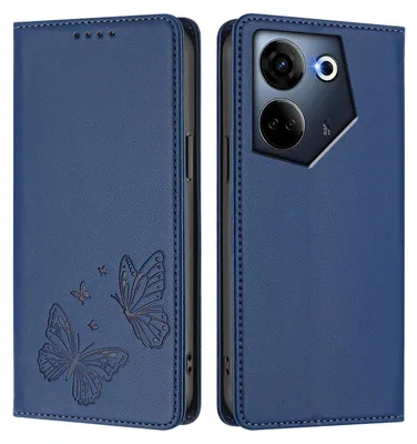 Image de Étui en cuir pour Tecno Camon 20 / Camon 20 Pro 4G, motif papillon, étui à rabat avec porte-appareil, bleu foncé