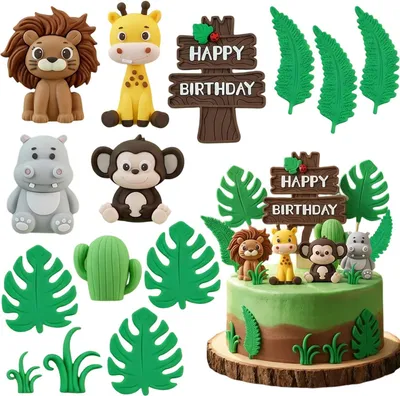 Productafbeelding van Jungle dieren taartdecoratie Wild One Safari taartdecoratie - Taarttopper - Set van 14