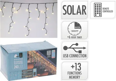 Obrázok produktu pre Nástenná lampa s dobíjateľným solárnym reťazcom s 240 LED diódami v teplobielej farbe