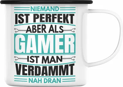 Produktbild von Trendation - Gamer Emaille Tasse Geschenk Niemand Ist Perfekt Zocker Geschenkidee für Jungs (Schwarz)