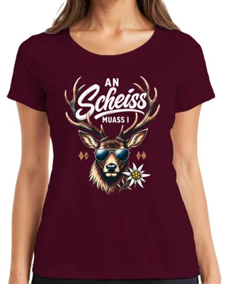 Productafbeelding van An Scheiss, zonnebril, Hirsch, lederen broek, Edelweiss, Dirndl, dames T-shirt, bordeauxrood, maat S