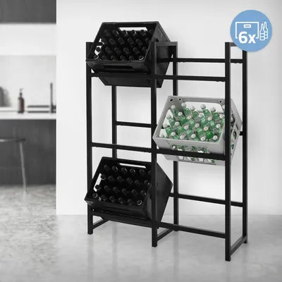 A metal shelving unit designed to hold beverage crates, shown in a room with a white wall and light gray floor.