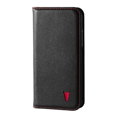 A black leather phone case with red stitching and a red bull logo.