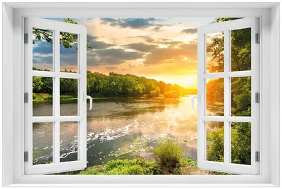 Produktbild von Wallario Premium Glasbild mit Fensterrahmen, freischwebende Optik, kräftige Farben, Größe 60 x 90 cm Motiv Sonnenuntergang am Fluss in grüner Umgebung