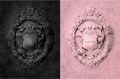 A split image showing the album cover art for BLACKPINK's 'Kill This Love' EP. The left side is in black and white, and the right side is in pink.