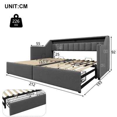 Obrázek produktu pro Abrihome čalouněná postel denní 90x200cm s výsuvným lůžkem a 2 zásuvkami, rozkládací pohovka s LED a USB připojením, šedá barva
