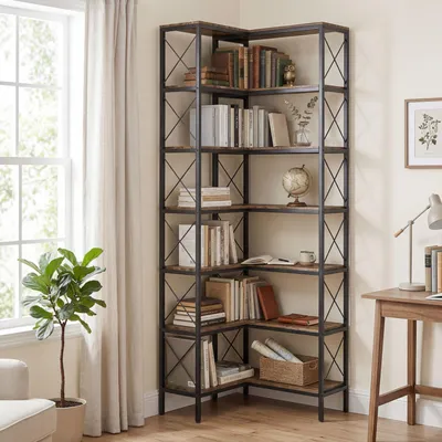 Produktbild von Eckregal L-förmig 6 Ebenen, Bücherregal freistehend Metallrahmen, Standregal Industrial, Rustikal-Braun | 60 x 60 x 200 cm | 24,4 kg