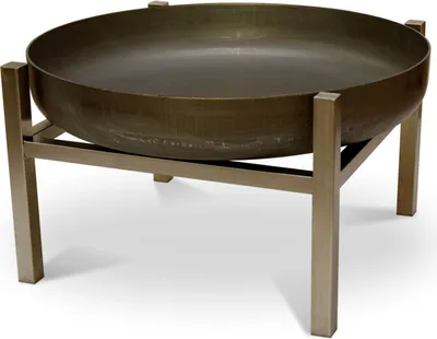 A round metal fire bowl on a square metal stand, presented against a white background.
