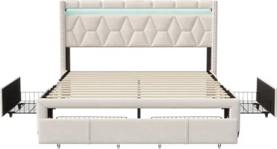 Image de Lit Adulte Rembourré 160 X 200 Cm Avec Éclairage LED Et Chargement USB, Avec 4 Tiroirs, Lin, Beige